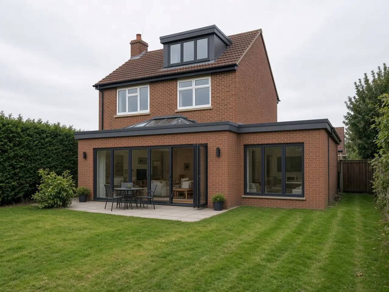 The same detached house with a rear extension, a loft conversion and a garage conversion.